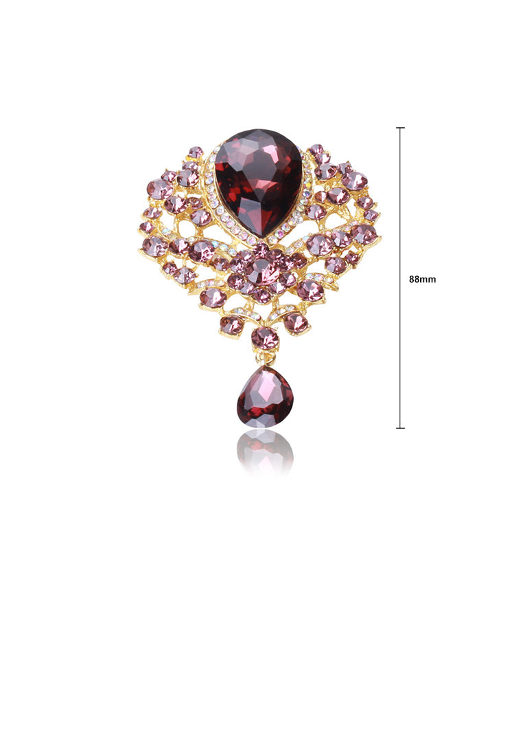 Elegant and Bright Plated Gold Floral Geometric Brooch with Purple Cubic Zirconia - Luxurious Look