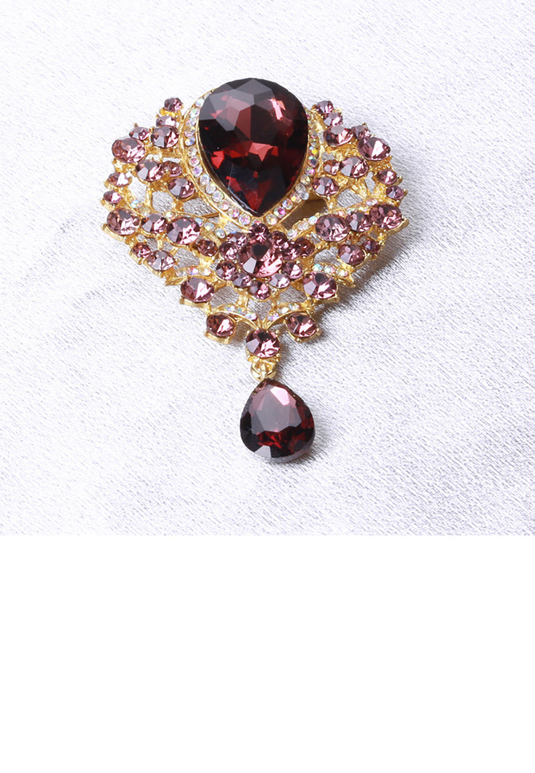 Elegant and Bright Plated Gold Floral Geometric Brooch with Purple Cubic Zirconia - Luxurious Look