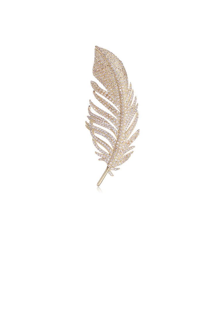 Fashion Temperament Plated Gold Feather Brooch with Cubic Zirconia - Luxurious Look