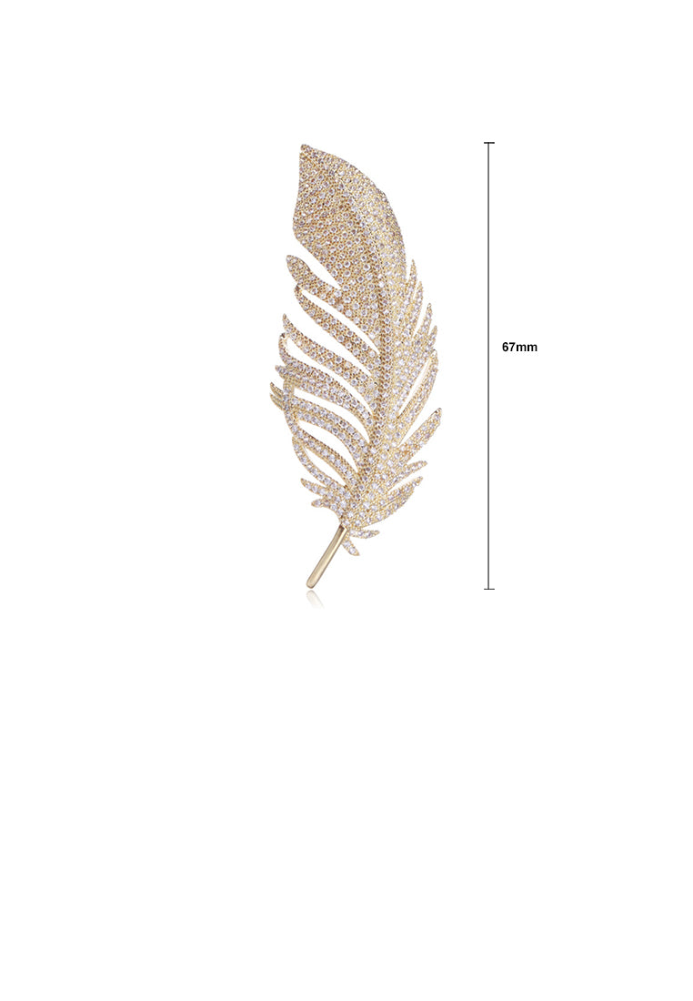 Fashion Temperament Plated Gold Feather Brooch with Cubic Zirconia - Luxurious Look