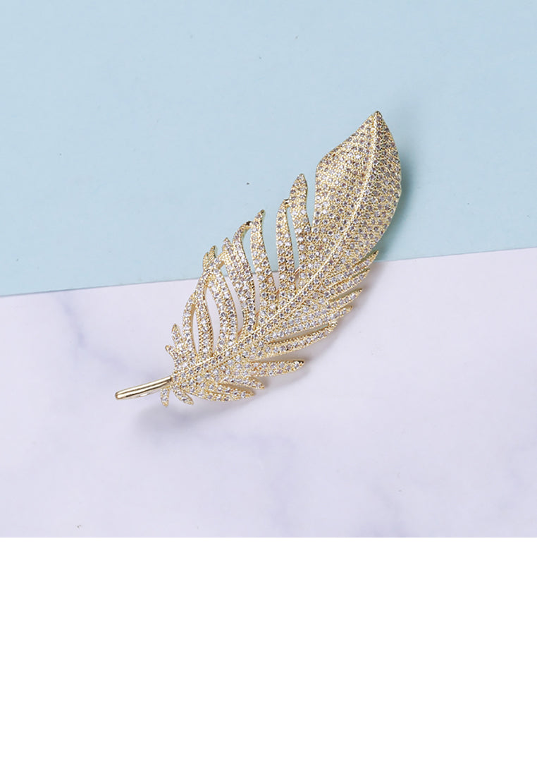 Fashion Temperament Plated Gold Feather Brooch with Cubic Zirconia - Luxurious Look
