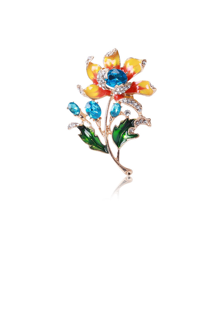 Fashion and Elegant Plated Gold Enamel Flower Brooch with Blue Cubic Zirconia - Luxurious Look