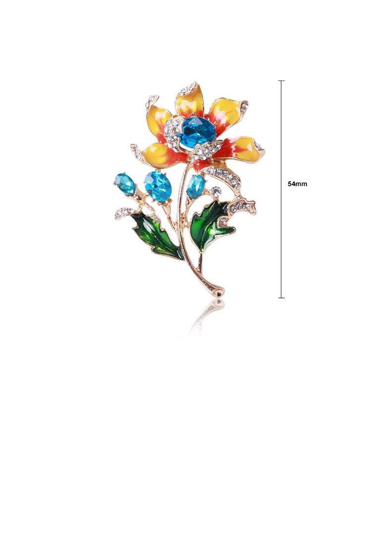 Fashion and Elegant Plated Gold Enamel Flower Brooch with Blue Cubic Zirconia - Luxurious Look