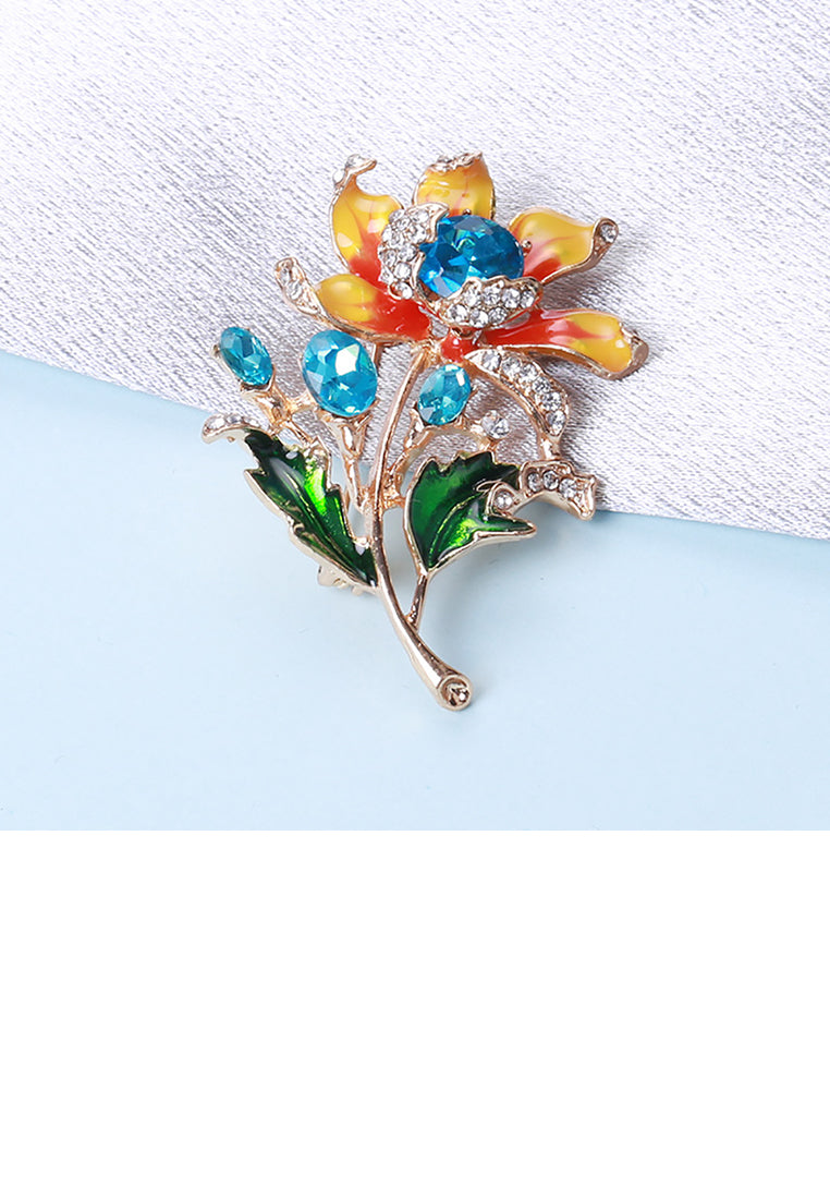 Fashion and Elegant Plated Gold Enamel Flower Brooch with Blue Cubic Zirconia - Luxurious Look