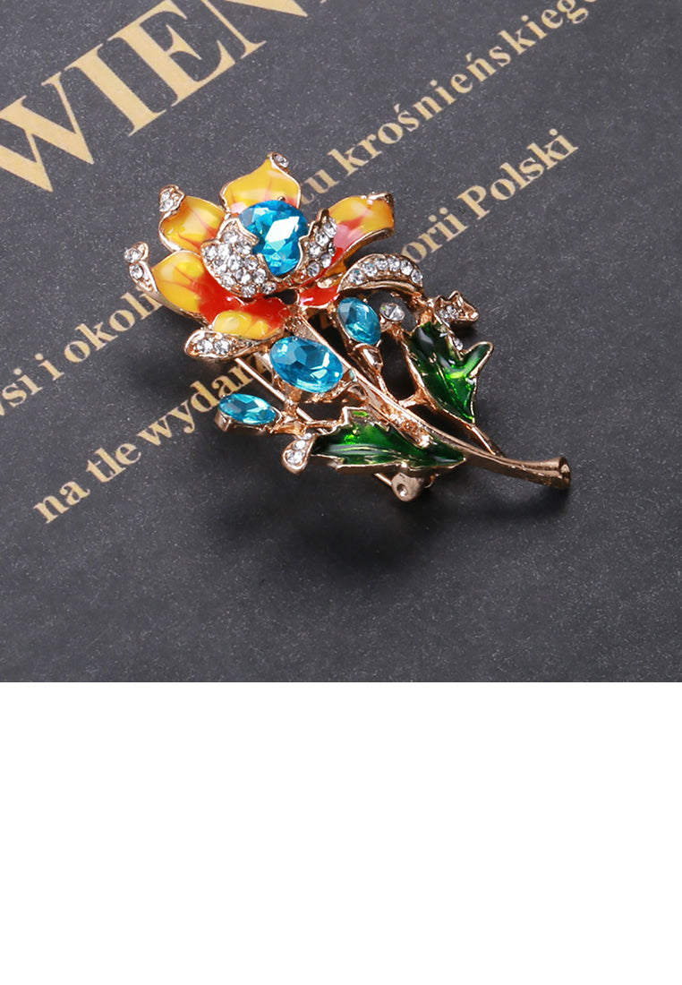 Fashion and Elegant Plated Gold Enamel Flower Brooch with Blue Cubic Zirconia - Luxurious Look