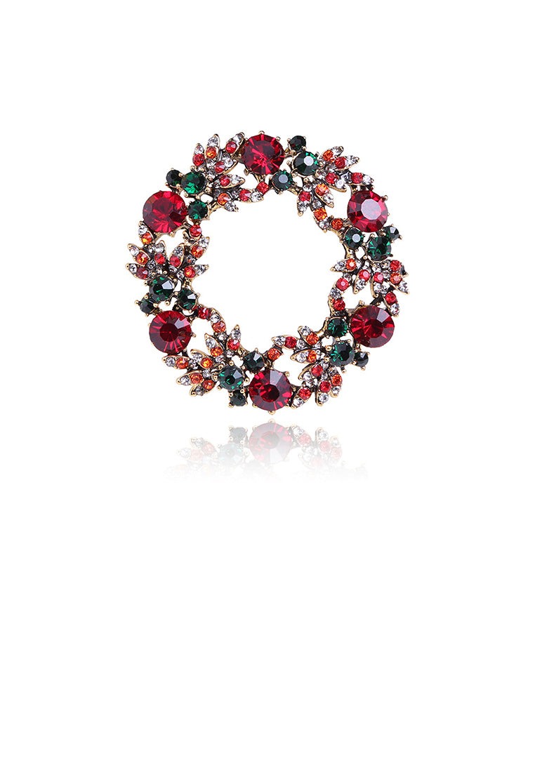 Fashion Bright Plated Gold Christmas Wreath Brooch with Colorful Cubic Zirconia - Luxurious Look
