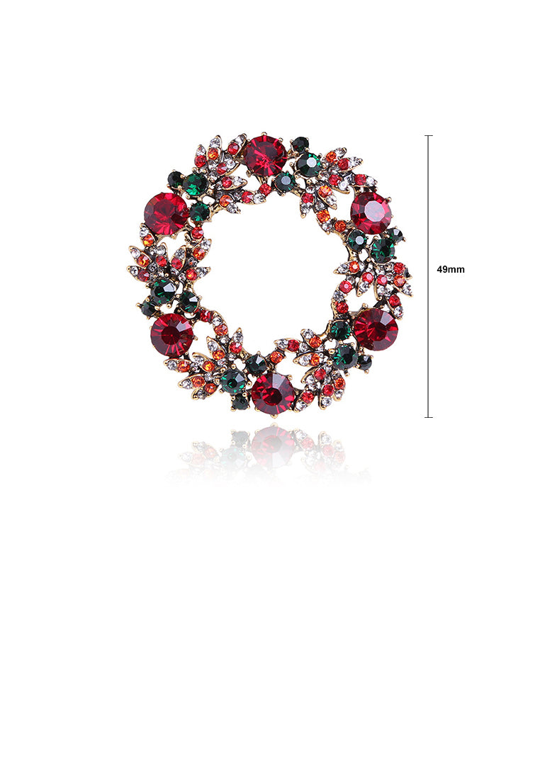 Fashion Bright Plated Gold Christmas Wreath Brooch with Colorful Cubic Zirconia - Luxurious Look
