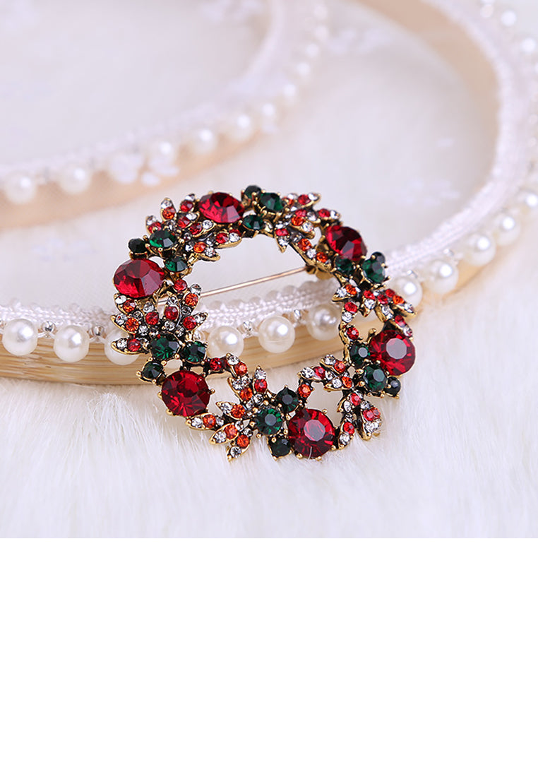 Fashion Bright Plated Gold Christmas Wreath Brooch with Colorful Cubic Zirconia - Luxurious Look
