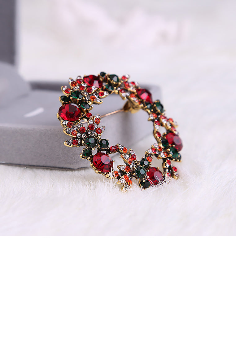 Fashion Bright Plated Gold Christmas Wreath Brooch with Colorful Cubic Zirconia - Luxurious Look
