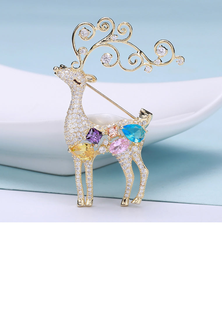 Brilliant Lovely Plated Gold Elk Brooch with Cubic Zirconia - Luxurious Look
