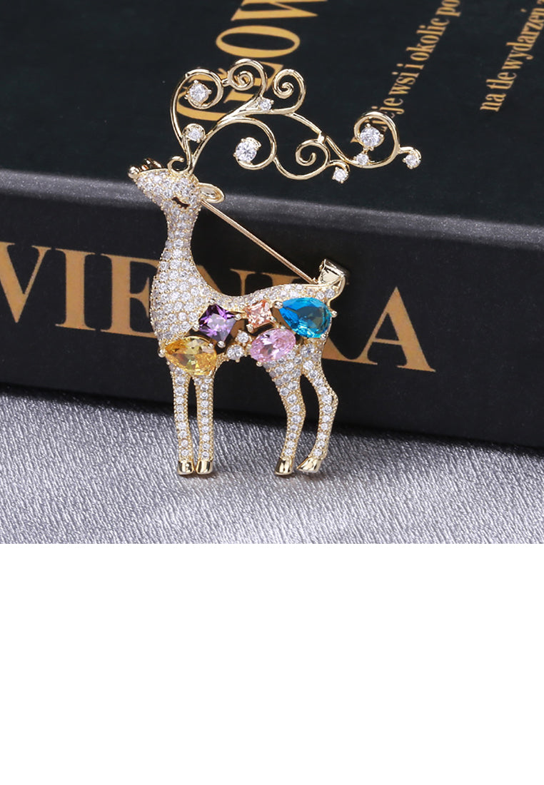 Brilliant Lovely Plated Gold Elk Brooch with Cubic Zirconia - Luxurious Look