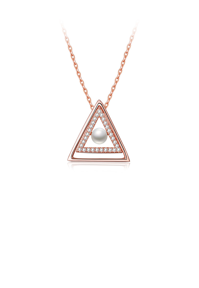 925 Sterling Silver Rose Plated Gold Simple Triangle Pearl Pendant with Austrian Element Crystal and Necklace - Luxurious Look