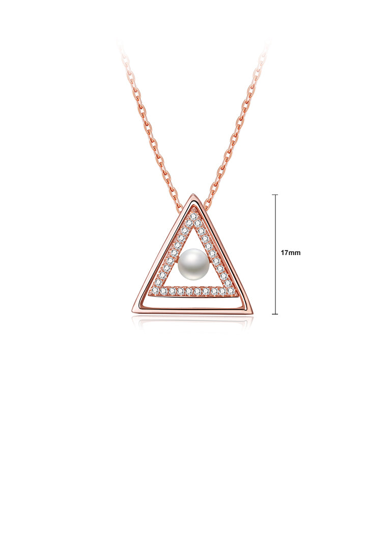 925 Sterling Silver Rose Plated Gold Simple Triangle Pearl Pendant with Austrian Element Crystal and Necklace - Luxurious Look