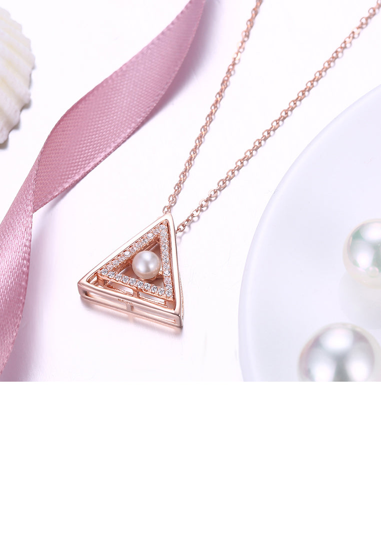 925 Sterling Silver Rose Plated Gold Simple Triangle Pearl Pendant with Austrian Element Crystal and Necklace - Luxurious Look
