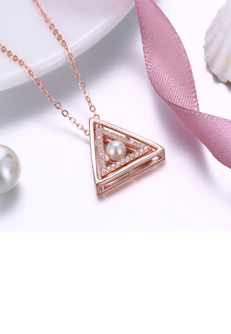 925 Sterling Silver Rose Plated Gold Simple Triangle Pearl Pendant with Austrian Element Crystal and Necklace - Luxurious Look