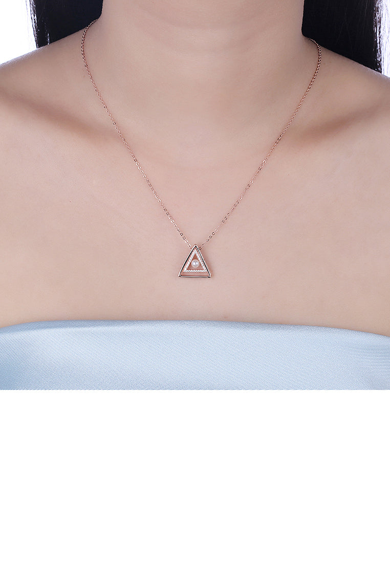 925 Sterling Silver Rose Plated Gold Simple Triangle Pearl Pendant with Austrian Element Crystal and Necklace - Luxurious Look
