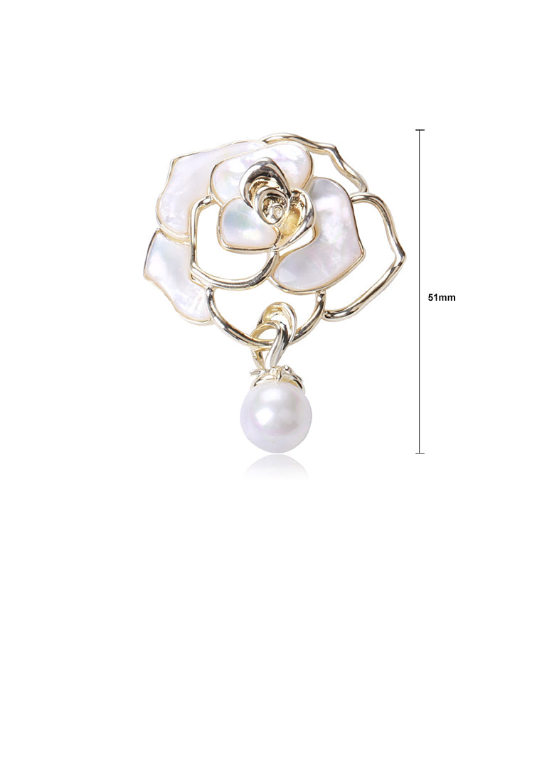 Fashion and Elegant Plated Gold Hollow Camellia Brooch with Imitation Pearls