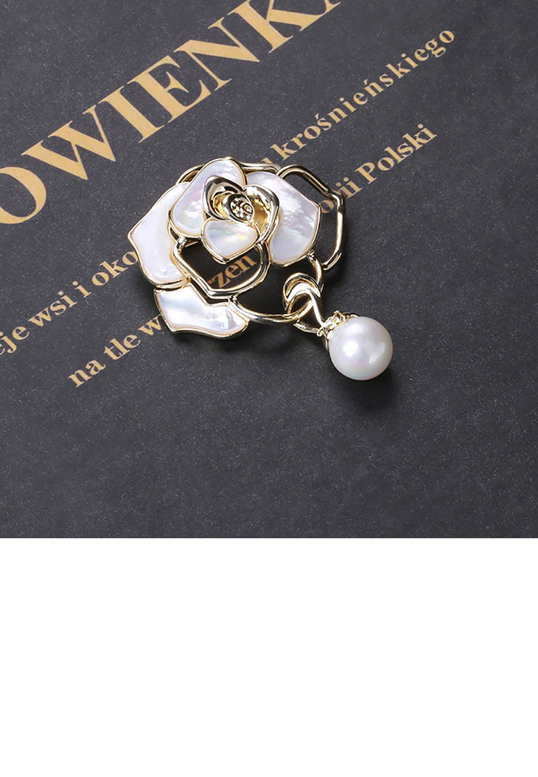 Fashion and Elegant Plated Gold Hollow Camellia Brooch with Imitation Pearls