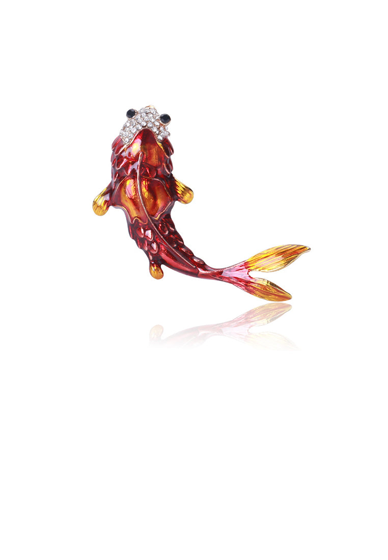 Fashion and Simple Plated Gold Enamel Red Carp Brooch with Cubic Zirconia - Luxurious Look - Vibrant Color