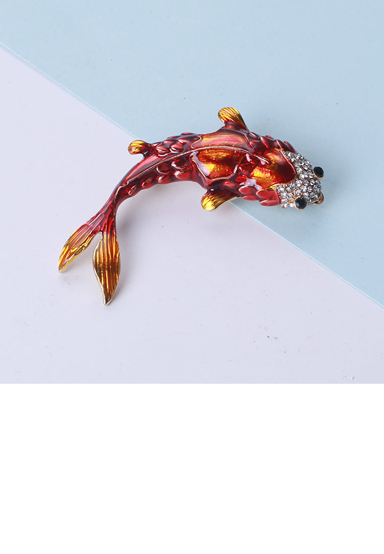 Fashion and Simple Plated Gold Enamel Red Carp Brooch with Cubic Zirconia - Luxurious Look - Vibrant Color