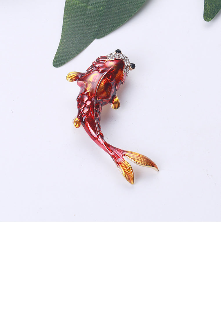 Fashion and Simple Plated Gold Enamel Red Carp Brooch with Cubic Zirconia - Luxurious Look - Vibrant Color
