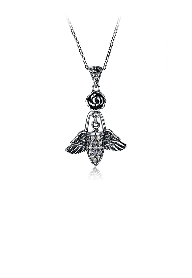 925 Sterling Silver Retro Elegant Fashion Rose and Angel Wings Pendant Necklace with Austrian Element Crystal