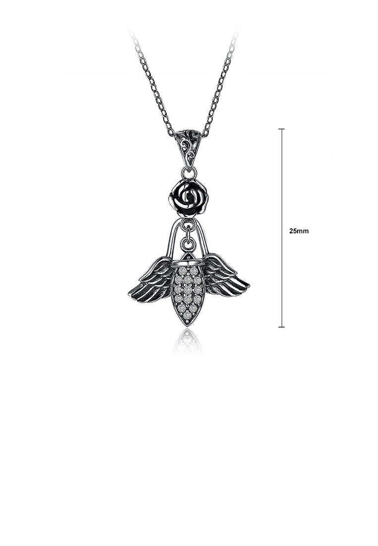 925 Sterling Silver Retro Elegant Fashion Rose and Angel Wings Pendant Necklace with Austrian Element Crystal