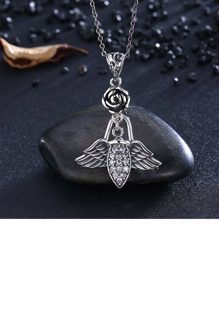 925 Sterling Silver Retro Elegant Fashion Rose and Angel Wings Pendant Necklace with Austrian Element Crystal