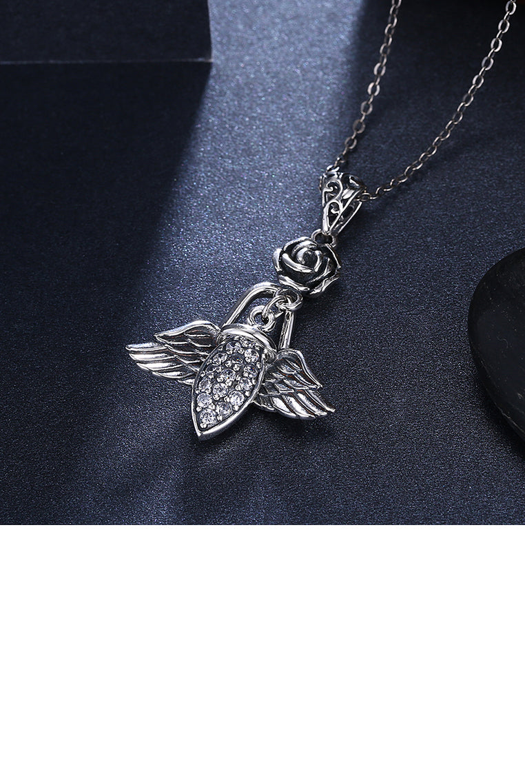 925 Sterling Silver Retro Elegant Fashion Rose and Angel Wings Pendant Necklace with Austrian Element Crystal