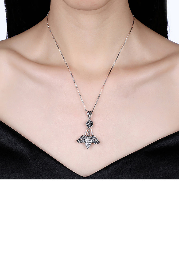 925 Sterling Silver Retro Elegant Fashion Rose and Angel Wings Pendant Necklace with Austrian Element Crystal