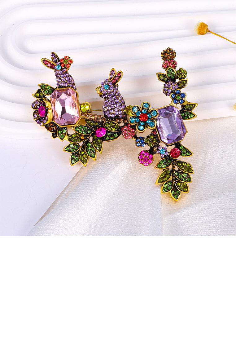 Fashion and Elegant Plated Gold Rabbit Flower Brooch with Cubic Zirconia - Luxurious Look