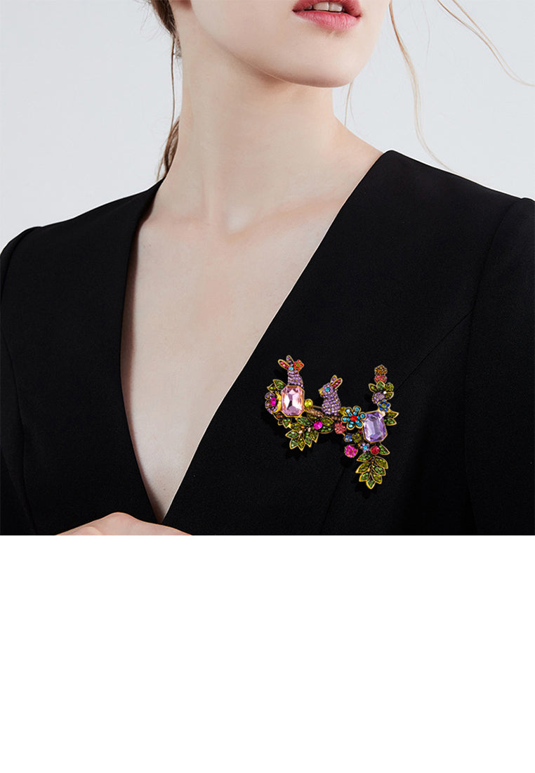 Fashion and Elegant Plated Gold Rabbit Flower Brooch with Cubic Zirconia - Luxurious Look