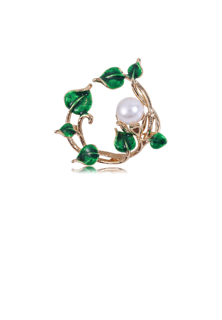 Fashion Temperament Plated Gold Enamel Green Leaf Imitation Pearl Brooch - Luxurious Look