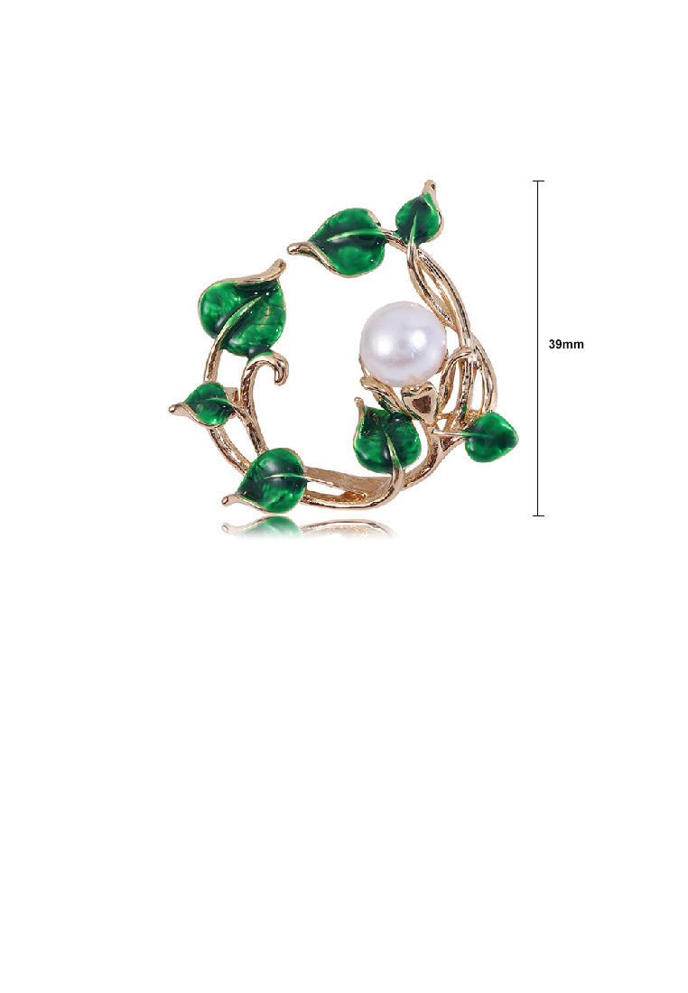 Fashion Temperament Plated Gold Enamel Green Leaf Imitation Pearl Brooch - Luxurious Look