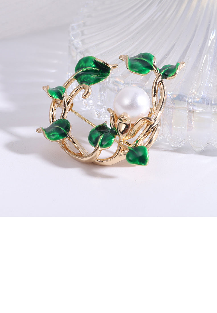 Fashion Temperament Plated Gold Enamel Green Leaf Imitation Pearl Brooch - Luxurious Look
