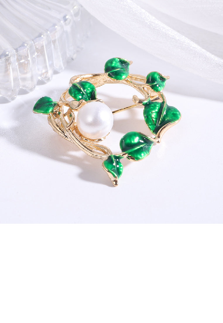 Fashion Temperament Plated Gold Enamel Green Leaf Imitation Pearl Brooch - Luxurious Look