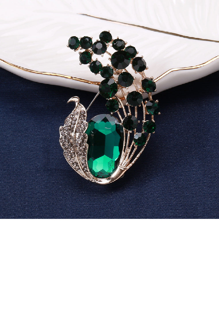 Elegant Classic Plated Gold Leaf Geometric Brooch with Green Cubic Zirconia - Luxurious Look