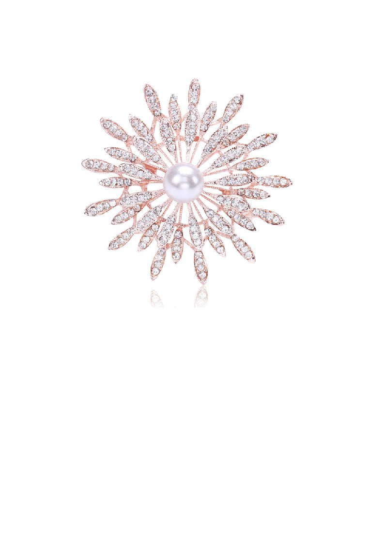 Fashion Brilliant Plated Rose Gold Sunflower Imitation Pearl Brooch with Cubic Zirconia - Luxurious Look