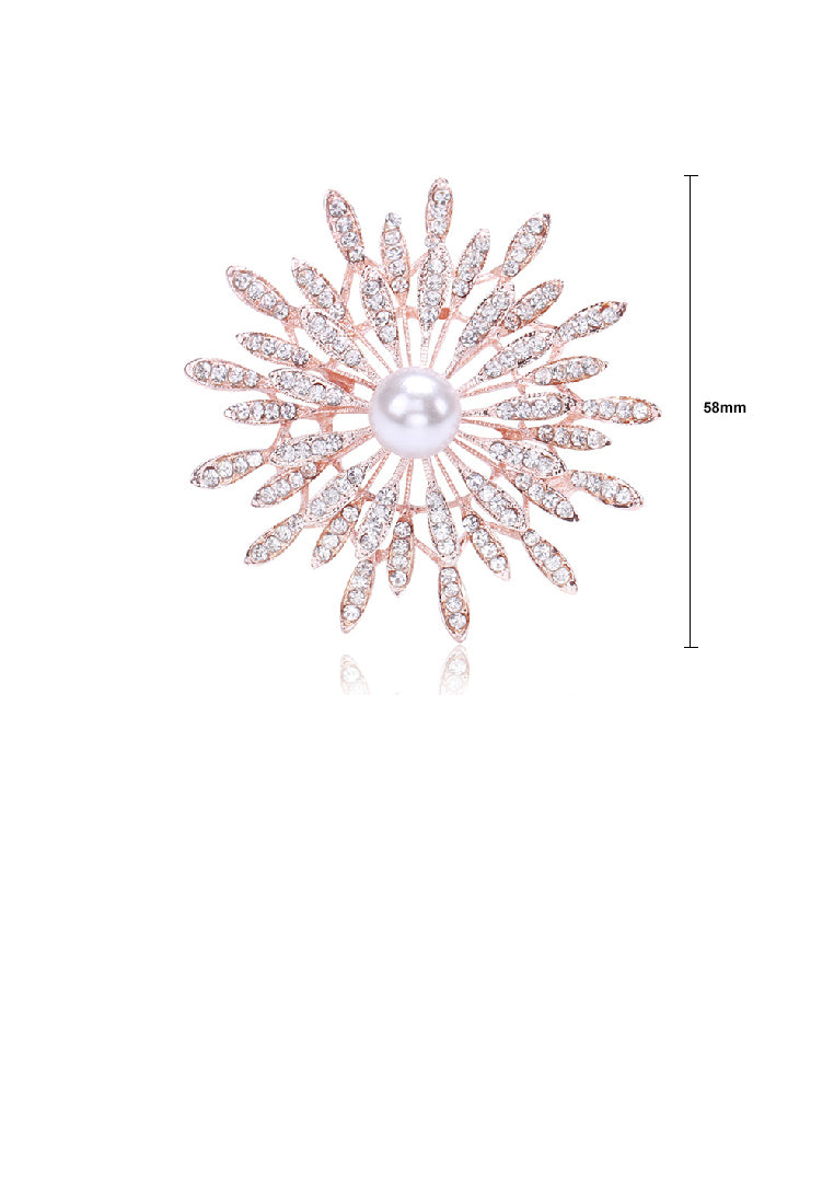 Fashion Brilliant Plated Rose Gold Sunflower Imitation Pearl Brooch with Cubic Zirconia - Luxurious Look