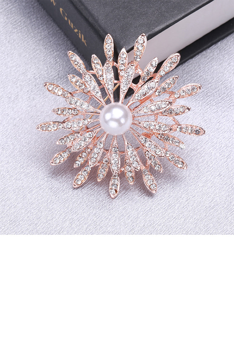 Fashion Brilliant Plated Rose Gold Sunflower Imitation Pearl Brooch with Cubic Zirconia - Luxurious Look