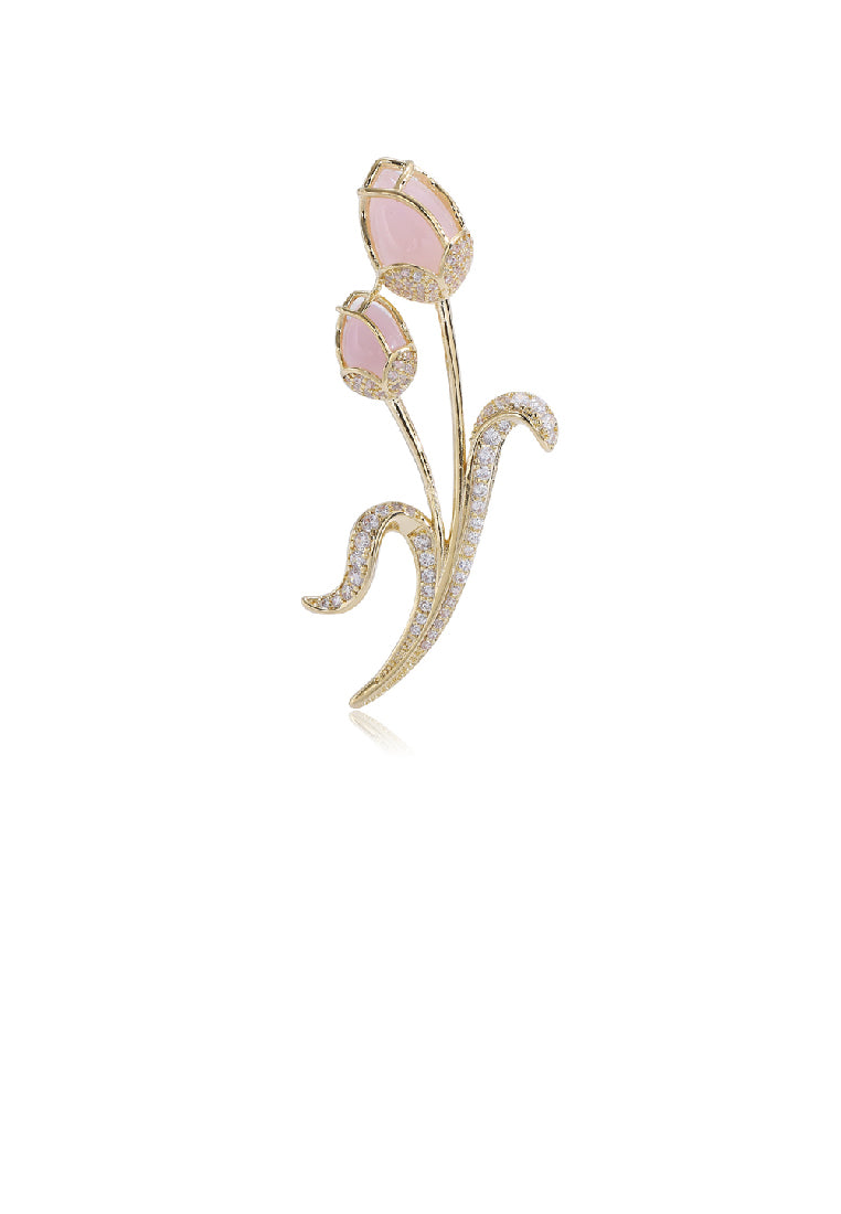 Fashion Elegant Plated Gold Tulip Imitation Opal Brooch with Cubic Zirconia - Luxurious Look