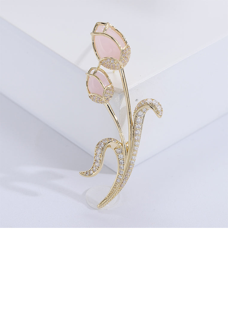 Fashion Elegant Plated Gold Tulip Imitation Opal Brooch with Cubic Zirconia - Luxurious Look