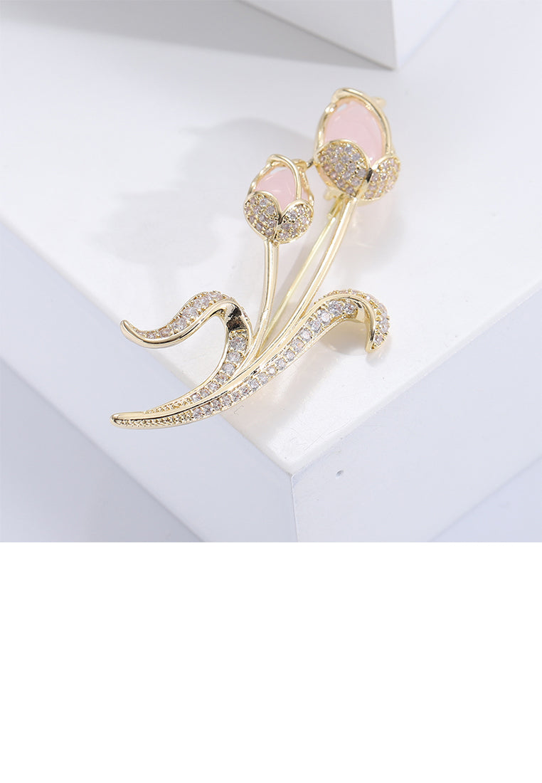 Fashion Elegant Plated Gold Tulip Imitation Opal Brooch with Cubic Zirconia - Luxurious Look