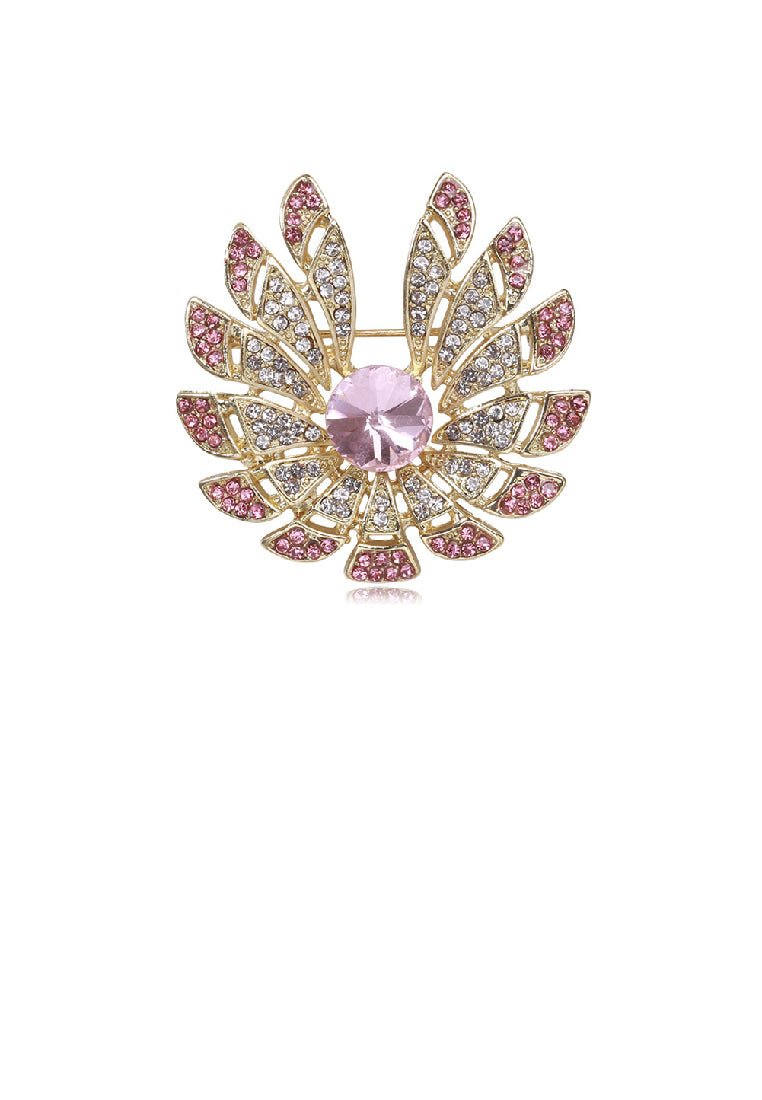 Fashion and Elegant Plated Gold Floral Brooch with Pink Cubic Zirconia - Luxurious Look - Vibrant Color