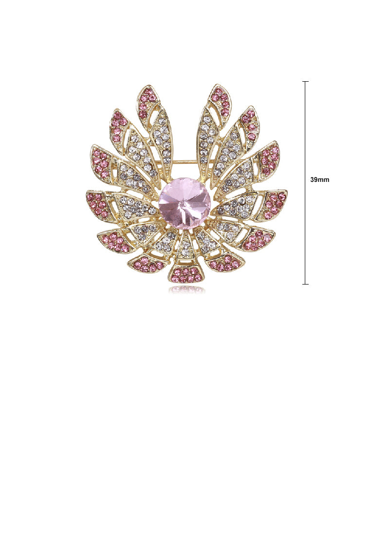 Fashion and Elegant Plated Gold Floral Brooch with Pink Cubic Zirconia - Luxurious Look - Vibrant Color