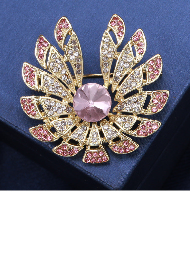 Fashion and Elegant Plated Gold Floral Brooch with Pink Cubic Zirconia - Luxurious Look - Vibrant Color