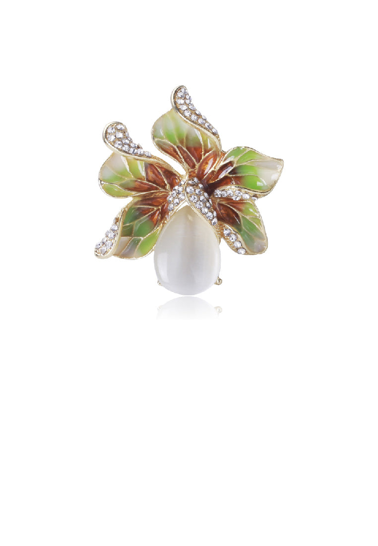 Fashion Temperament Plated Gold Enamel Green Floral Imitation Opal Brooch with Cubic Zirconia - Luxurious Look