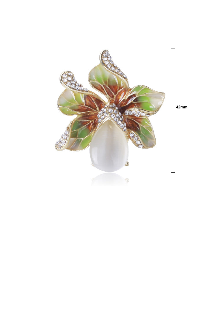 Fashion Temperament Plated Gold Enamel Green Floral Imitation Opal Brooch with Cubic Zirconia - Luxurious Look