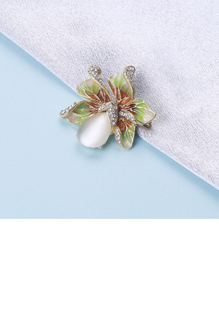 Fashion Temperament Plated Gold Enamel Green Floral Imitation Opal Brooch with Cubic Zirconia - Luxurious Look
