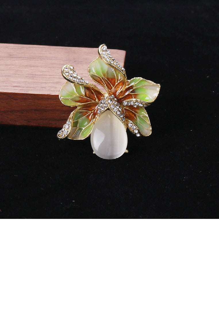 Fashion Temperament Plated Gold Enamel Green Floral Imitation Opal Brooch with Cubic Zirconia - Luxurious Look